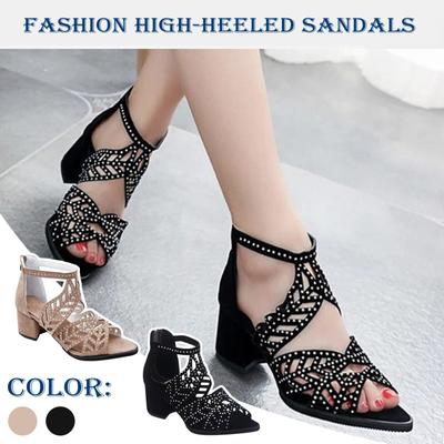 Модные женские сандалии с полыми стразами и открытым носком, грубые туфли на высоком каблуке