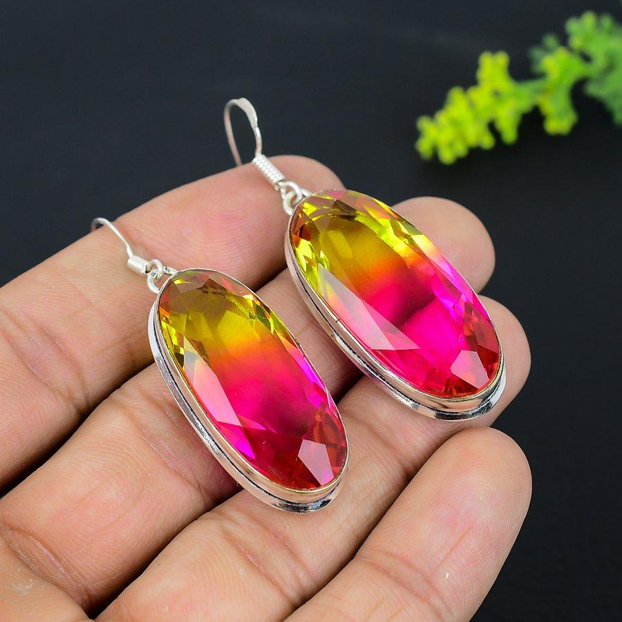Bi-Color Tourmaline Gemstone 925 Sterling Silver Gift Jewelry Earring 2.21" K2p03