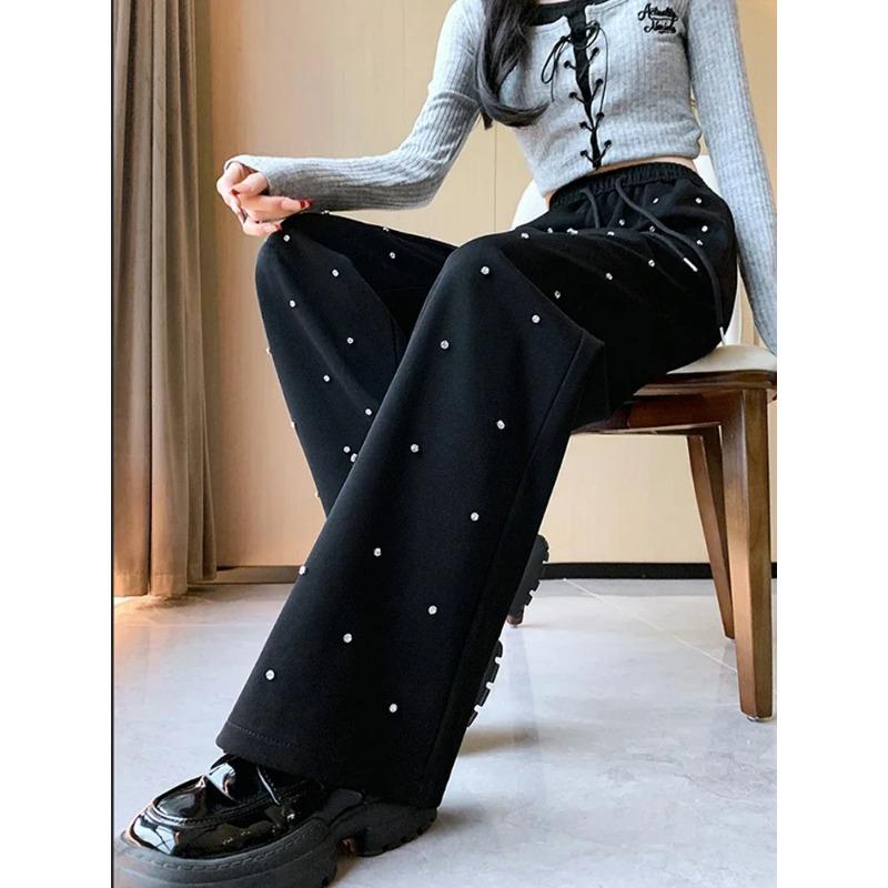 Heavy Industry Hot Diamond Wide Leg Pants for Women's Spring New Casual High Waist Loose Straight Tube Drop Floor Dragging Pants