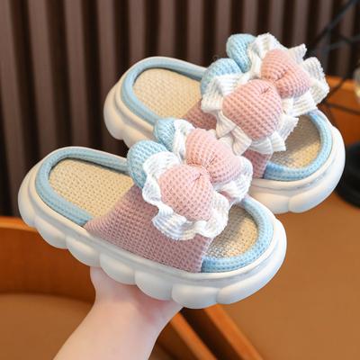 Новые детские милые льняные тапочки с бантом, весенние и осенние тапочки, домашние нескользящие шлепанцы для девочек на четыре сезона