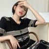 Трикотажные полосатые платья для женщин, повседневное платье с высокой талией и коротким рукавом, весенняя женская одежда с разрезом