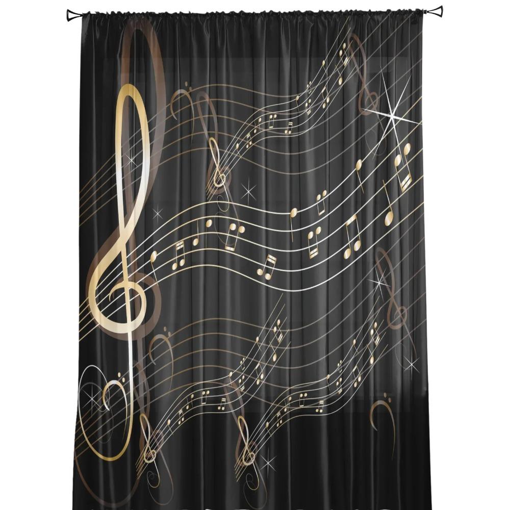 Music Notes Black Chiffon Sheer Curtains for Living Room Bedroom Home Decoration Window Voiles Tulle Drapes Curtain