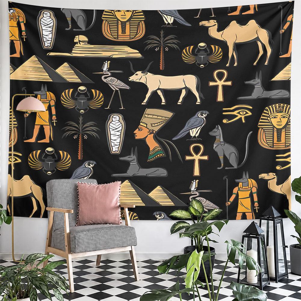 Egyptian Pattern Icons Tapestry Wall Hanging Pharaoh Hieroglyph Art Decor for Bedroom Living Room