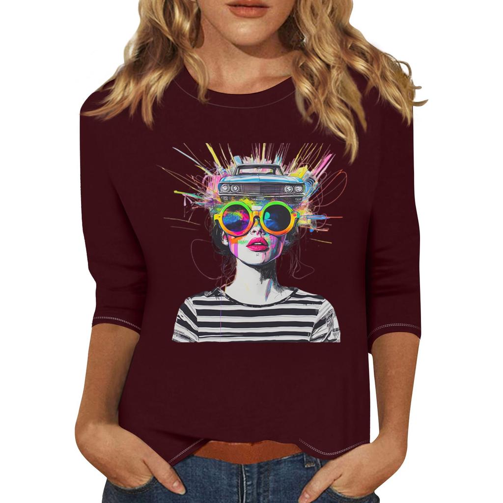 Женская мода повседневная три четверти рукава с принтом персонажей круглый вырез пуловер топ