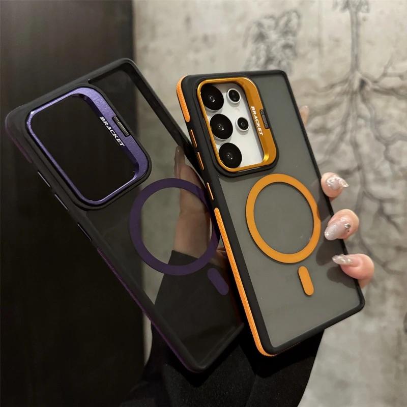 For Magsafe Magnetic Metal Lens Stand Phone Case For Samsung Galaxy S25 S24 S23 FE S22 Ultra Plus Protective Cover Bumper
