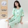 Summer Pajamas Set with Chest Pad for Women Plus Size 4XL 5XL Flower Print Short Sleeve Tops and Capri Pants Sleepwear Female Casual Pyjamas Homewear