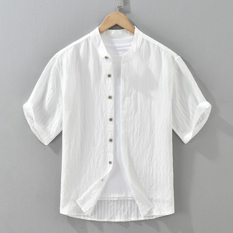 Foreign Trade Surplus Japanese-Style Casual Comfortable Thin Short-Sleeve Shirt for Men, Loose Trendy Chinese Style Stand Collar White Shirt