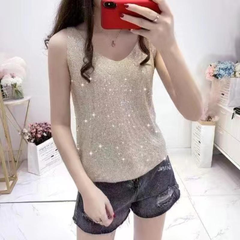 Women Summer New Sexy V-neck Loose Short Sleeveless Ice Silk Bottoming Shirt Casual Lightweight Cool Basic Top for Daily Wear Street