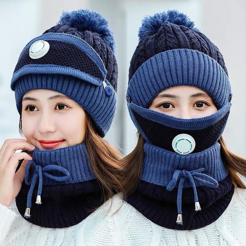 Fashionable Cycling Hat, Ear Protection Wool Hat, Mask Scarf, Knitted Warmth, with Breathing Valve, Three Piece Cap Set, Winter Cycling Equipment