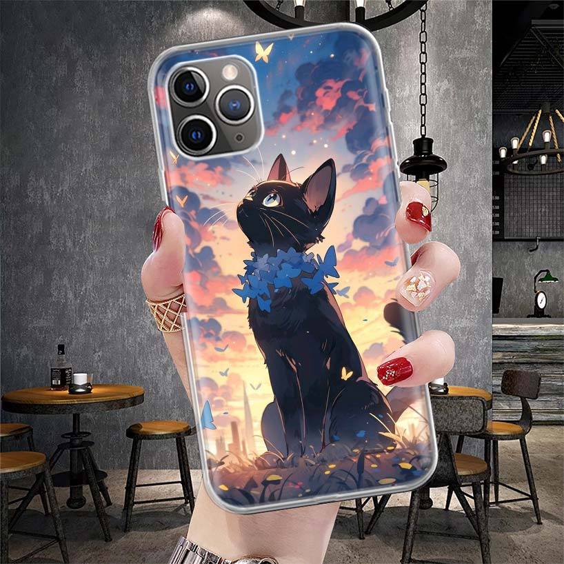 Аниме Милый Черный Кот Мяу Мягкий Чехол Для Телефона Для IPhone 11 17 Air 16E 16 Pro Max 15 + 14 Plus 13 Mini 12 Apple 7 SE 8 Fundas Coque