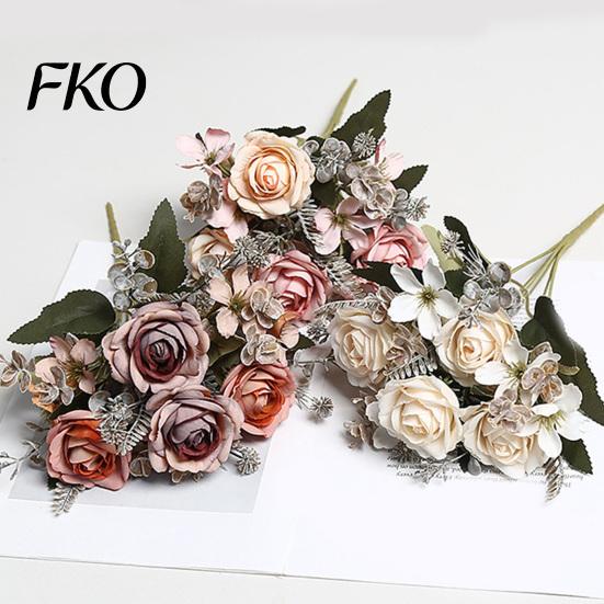Faux Fern Leaves Artificial Rose Flowers Bouquet for Wedding Bridal, Fake Light Luxury Floral Arrangement Home Decoration And Photography Props,