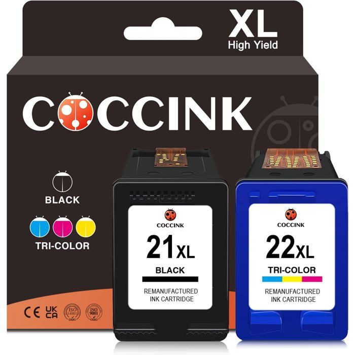 Pack 2 cartouches remanufacturées HP 21XL (noir) + 22XL (couleur) – compatible DeskJet/OfficeJet/PSC/Fax