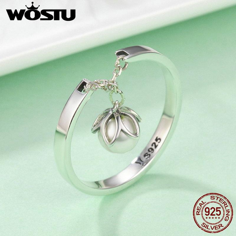 WOSTU Real 925 Sterling Silver Black White Pearl Chain Opening Rings For Women Flower Tears Link Ring Wedding Party Jewelry Gift