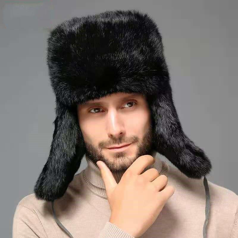 Мужские шапки, теплая шапка-бомбер из натурального меха кролика с ушами, горячая распродажа, теплая русская шапка-ушанка унисекс, шапки из натурального меха кролика