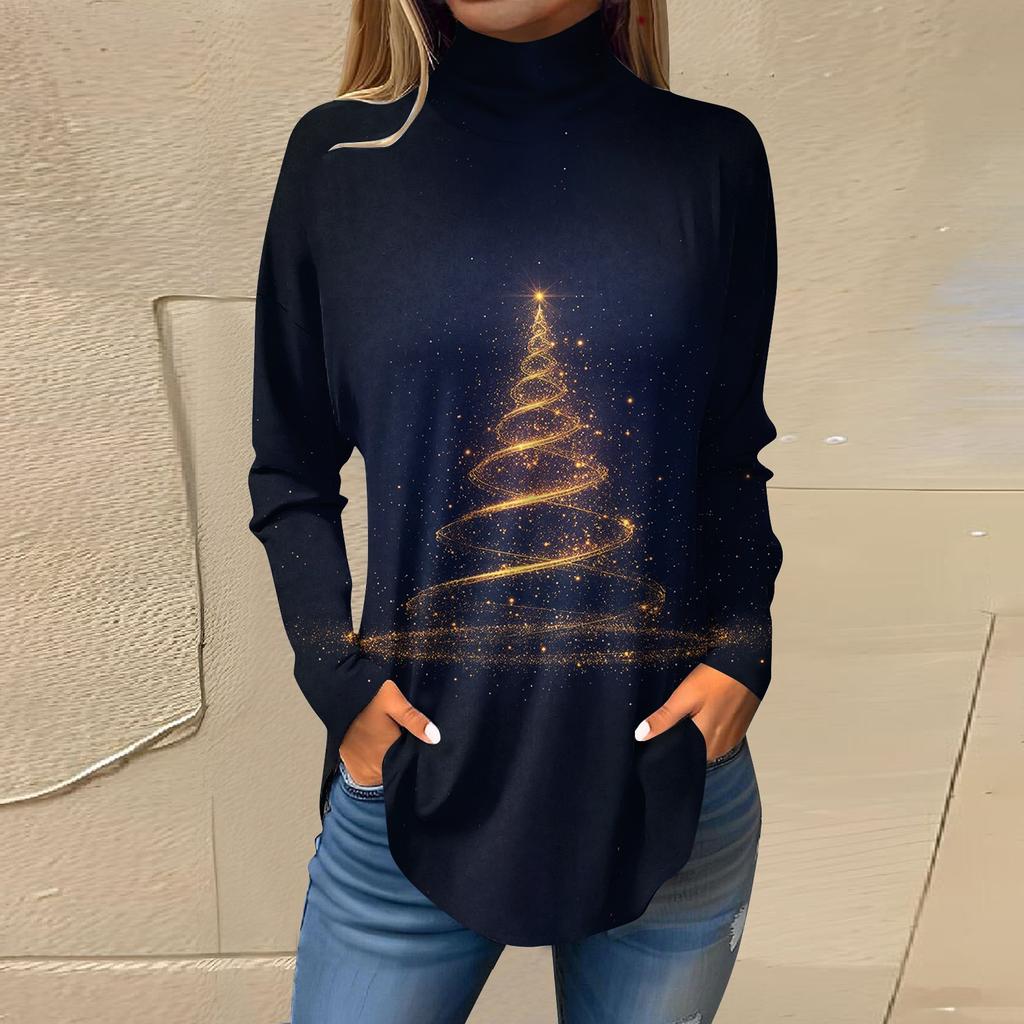Женская модная повседневная футболка с длинным рукавом с высоким воротом и принтом, пуловер, топ