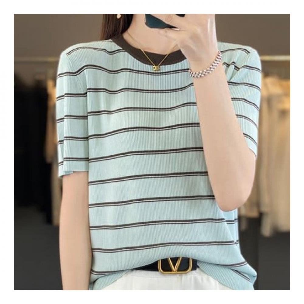 Navava Thin Short Sleeve Round Neck Stripe Knit Nk2093