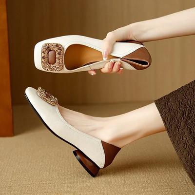 Новые женские туфли на каблуках, модные туфли со стразами и квадратными пряжками, туфли на каблуках из мягкой кожи, женские рабочие туфли, удобные туфли-лодочки с низким каблуком и квадратным носком