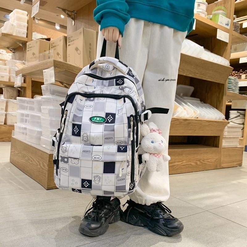 Ins Style Girls' Nylon Large Capacity Backpack For School Students Cartoon Cute Flower Pattern Grid Element