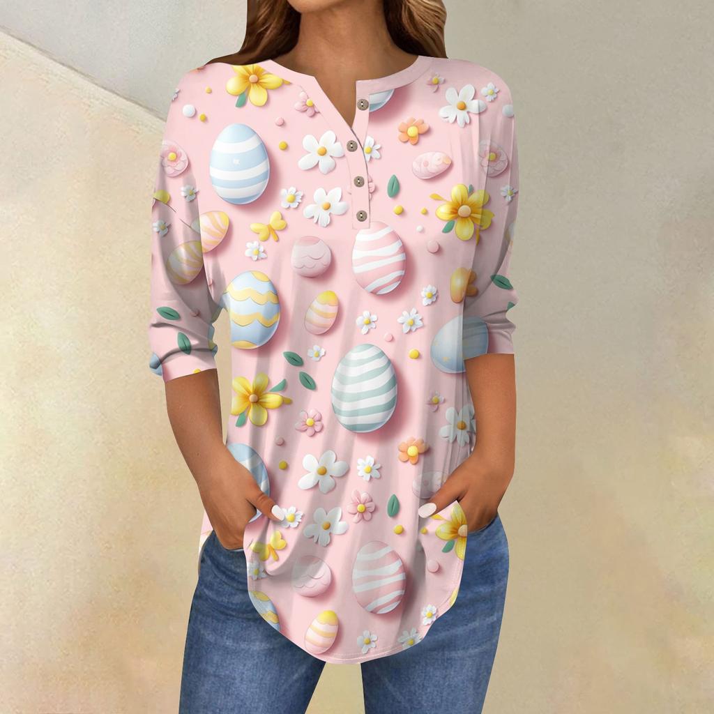 Women's 3/4 Sleeve Easter Egg Bunny Print Button Collar Fashion Casual Top