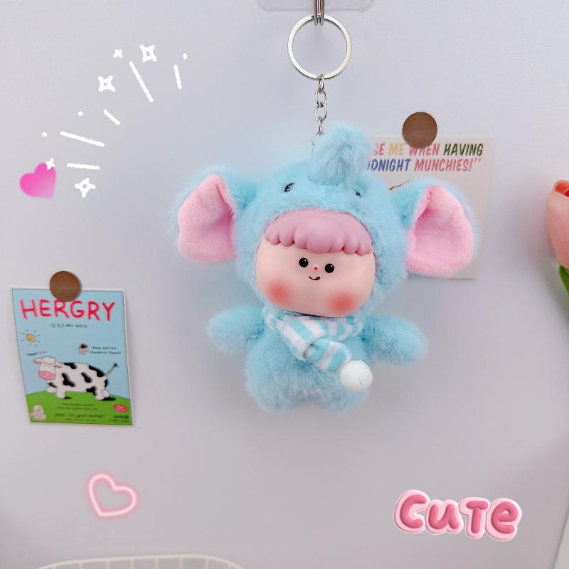 Cute Animal Vinyl Face Plush Toy Fluffy Pig Elephant Unicorn Collection Model Toy Kawaii Panda Keychain Pendant Hang Bag Plushie