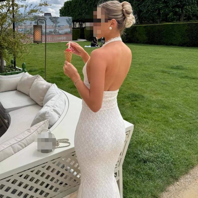 Европейский и американский летний стиль без спины с завязкой на шее, пляжный стиль для отпуска, V-образный вырез, однотонное модное платье