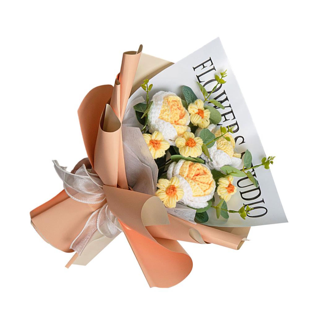 Crochet Flower Bouquet with LED String Lights Gift Bag for Mother's Day Gift, Knitted Bouquet Artificial Rose Flowers