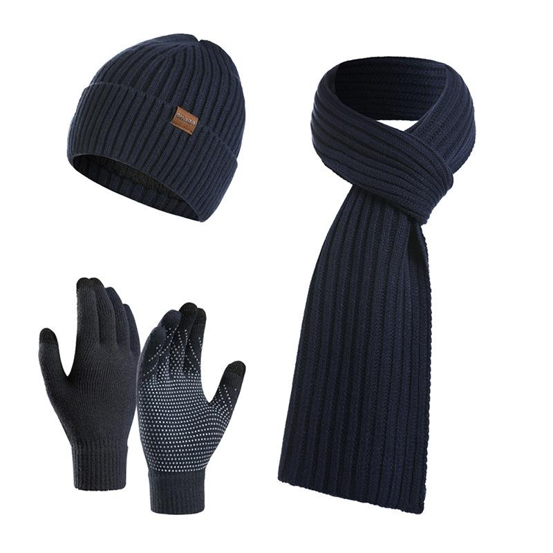 Men's and Women's Autumn and Winter European and American Knitted Hat Sets Solid Color Scarf Hat Three-piece Set