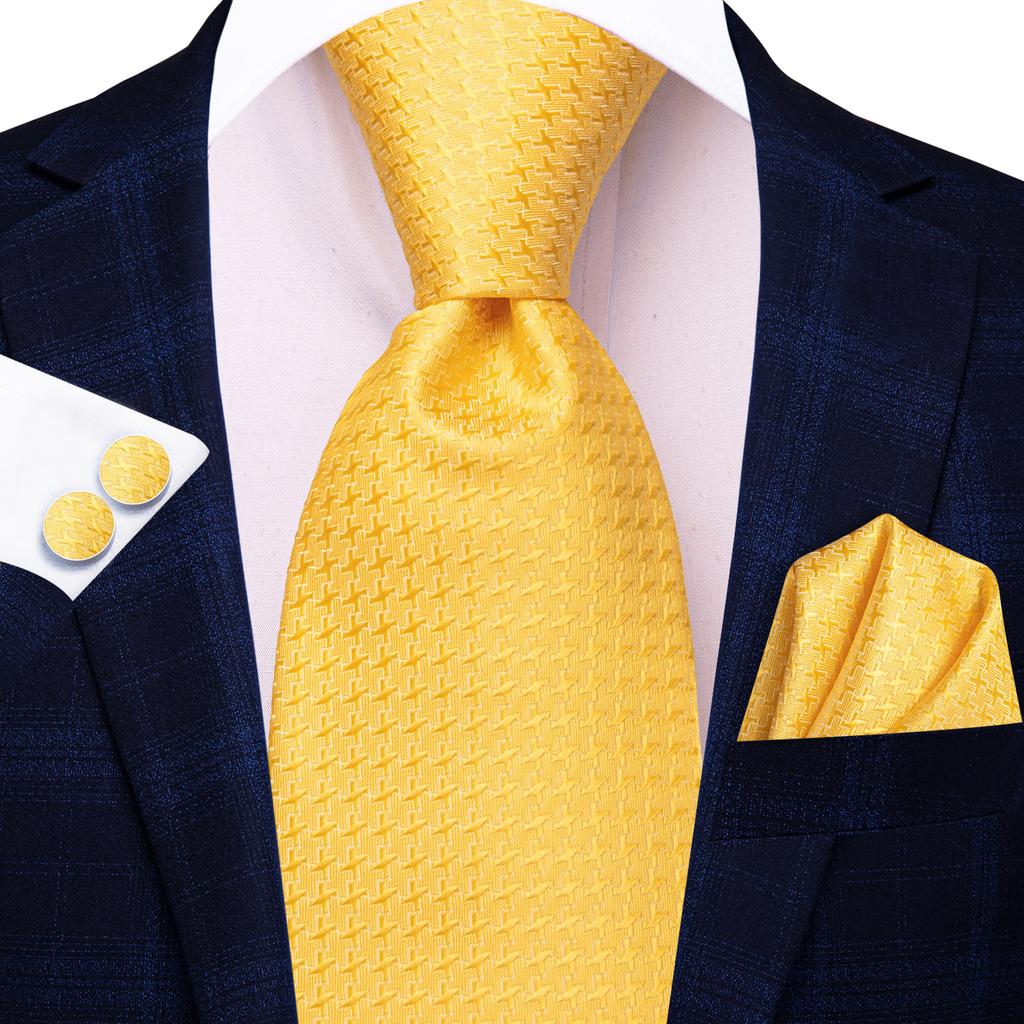 Hi-Tie Dark Gold Plaid Jacquard Mens Silk Tie Classic Necktie Cufflink Hanky Set