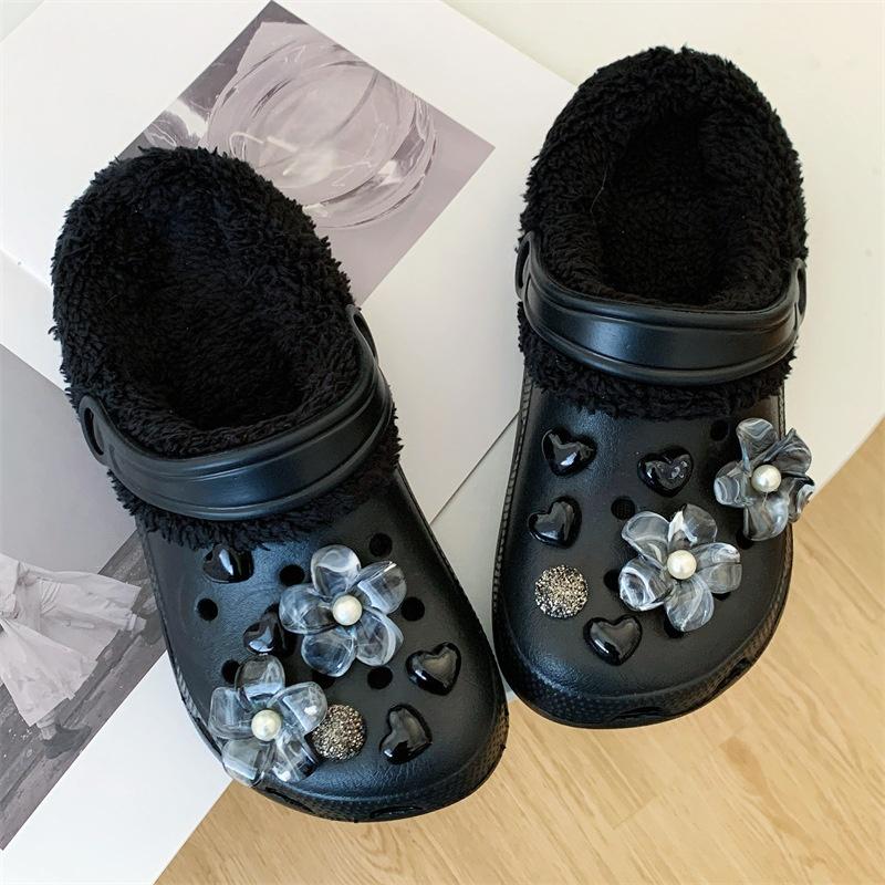 Rhinestone Detachable Shoe Charms 14Pcs Black Ink Flower Heart Design DIY Decor for Clogs Backpacks Daily Use