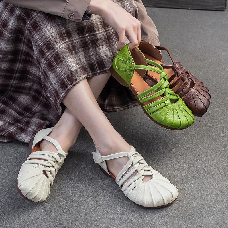 Summer dress with real leather toe women's sandals, with a niche design and vintage cowhide artistic forest style women's shoes