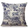 Navy Blue Ink Print Motif Of Toile De Jouy Classic French Pattern Tropical Plant Elephant Pillow Case Linen Car Cushion Cover