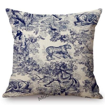 Navy Blue Ink Print Motif Of Toile De Jouy Classic French Pattern Tropical Plant Elephant Pillow Case Linen Car Cushion Cover