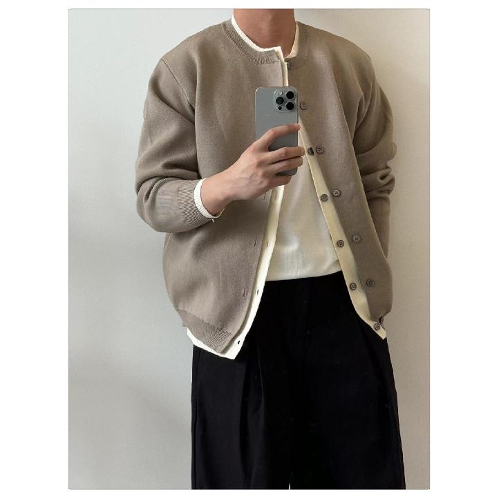 Осенняя новинка, поддельный двухкомпонентный вязаный кардиган контрастного цвета, пальто для мужчин, молодежный повседневный универсальный свитер в стиле ленивый стиль, пальто для мужчин