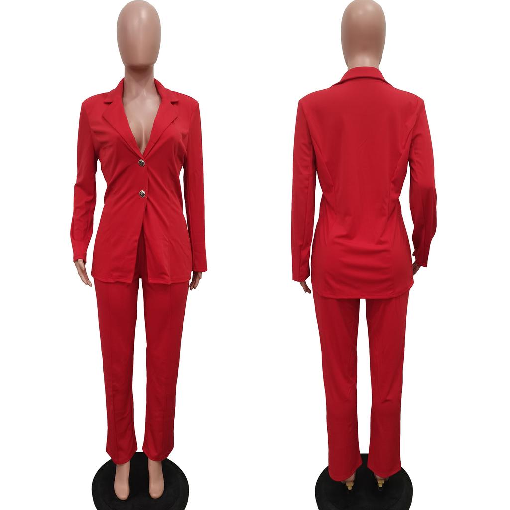 Women's Solid Color Two-Piece Suit Set with Notched Lapel and Button Closure, Elegant Long Pants Suit for Business Casual or Formal Wear