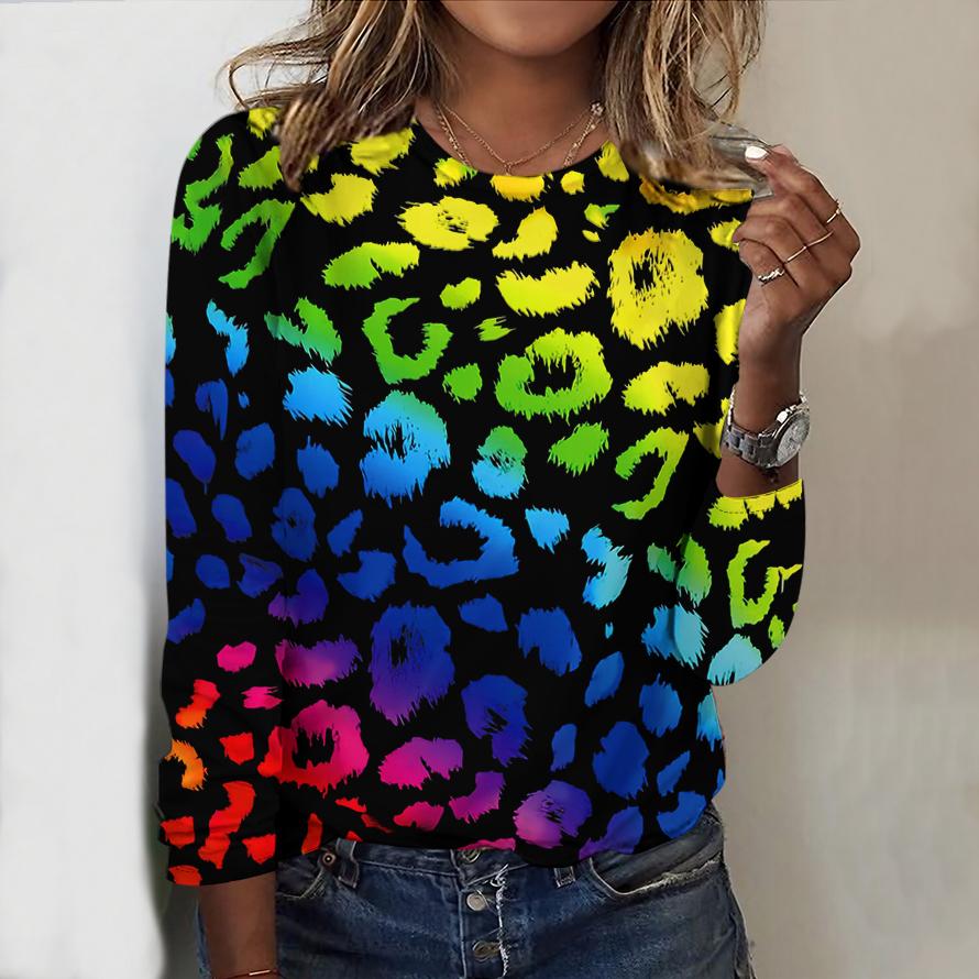Топы для женщин с леопардовым принтом и круглым вырезом, футболка с длинным рукавом, осенний повседневный тонкий пуловер, женский топ с длинным рукавом