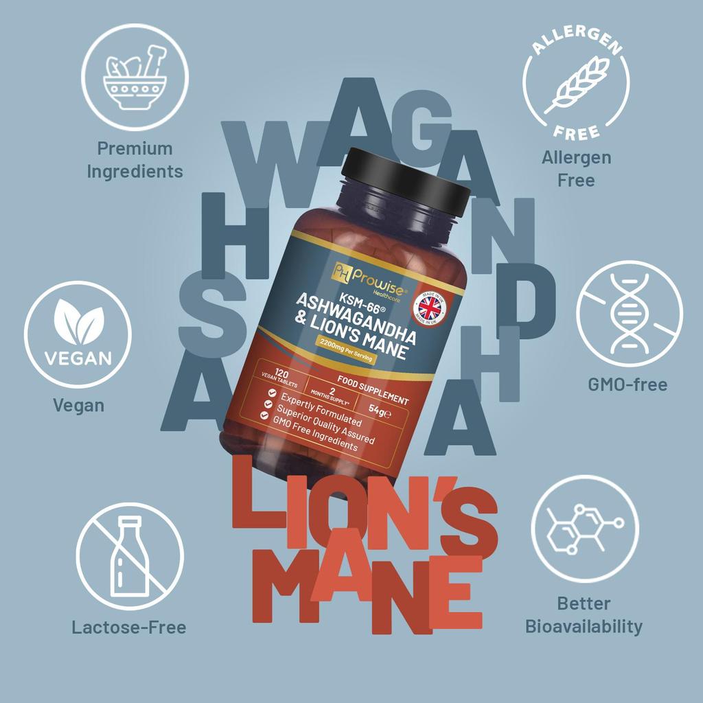 KSM-66 Ashwagandha and Lions Mane Tablets - High Strength 2200mg | KSM-66 Ashwagandha Root Extract and Lions Mane Mushroom Extract