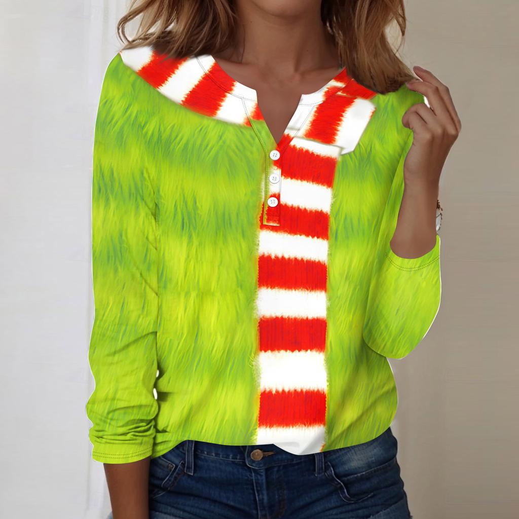 Женская модная повседневная блузка с V-образным вырезом, длинным рукавом и декоративными пуговицами, с рождественским принтом