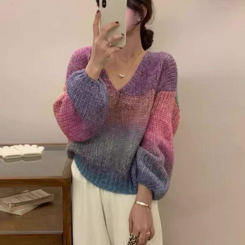 Осенний новый длинный рукав V-образный вырез свободный вязаный свитер для женщин зимний градиент радуга повседневные пуловеры свитера женские модные облегающие джемперы 25473