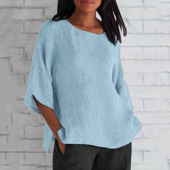 Женская рубашка с рукавом 3/4, повседневная, с круглым вырезом, однотонный пуловер, свободный крой, блузка для отпуска, повседневная одежда
