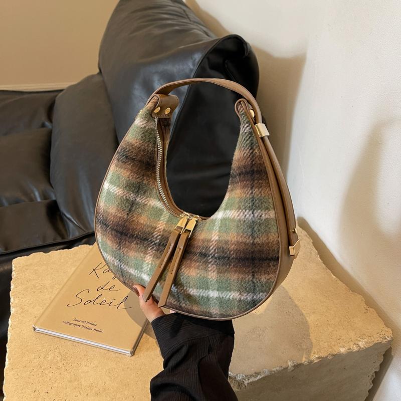 PU Leather Small Bag for Women Grid Striped Half Moon Shoulder Bags Retro Female Underarm Bags Girls New