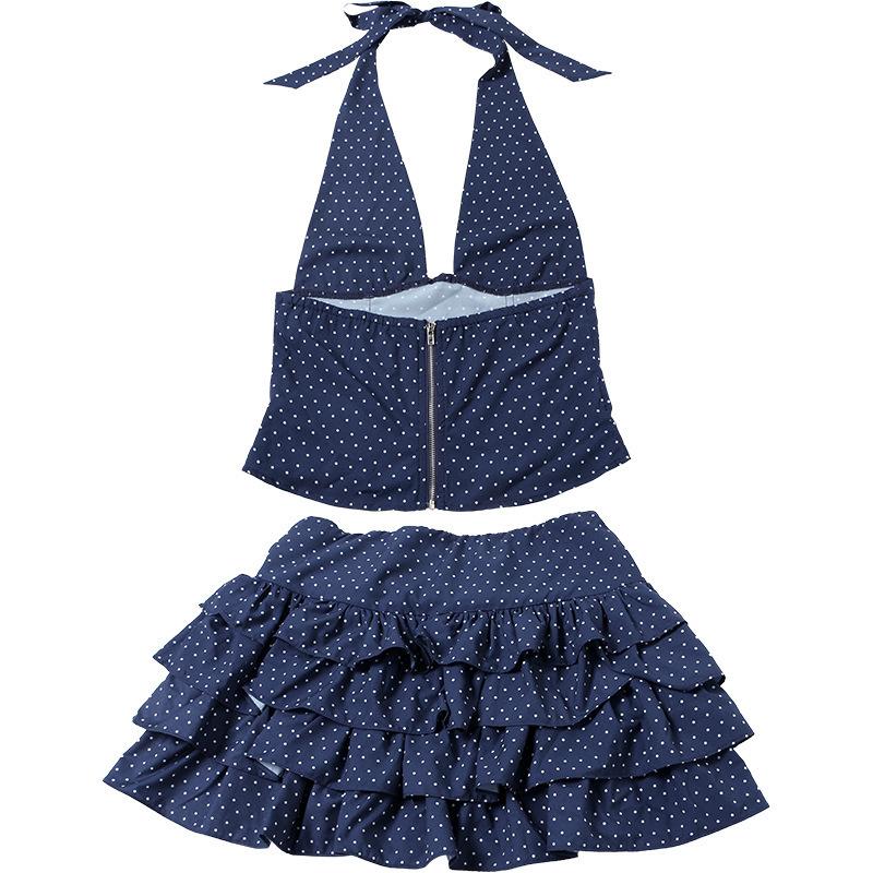 European and American Spring Women's Clothing Pure Desire Sexy Hanging Neck Vest Slim Fit Polka Dot Wrapped Hip Short Skirt Set