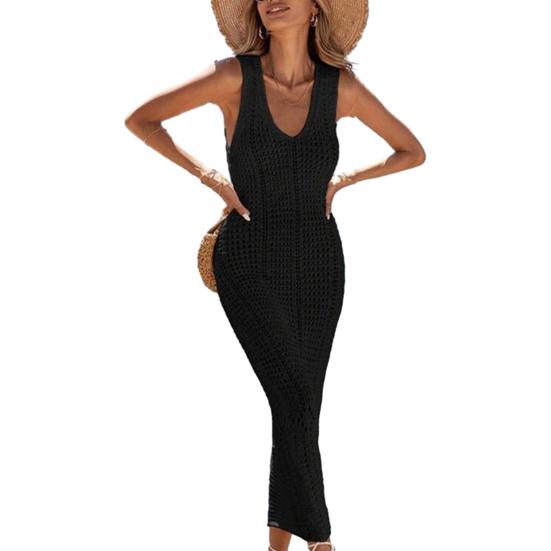 Women Beach Cover Up Sundress V Neck Crochet Hollow Out Maxi Dress Knitted Adjustable Straps Sun Protection Beachwear