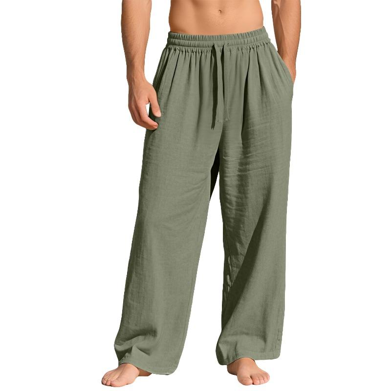 Men's Linen Loose Casual Sports Trousers Pocket Tether Solid Color Trendy Business Trousers