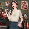 Модная новинка, летняя шифоновая блузка в китайском стиле с коротким рукавом и воротником-стойкой, с вышивкой, женская рубашка J384