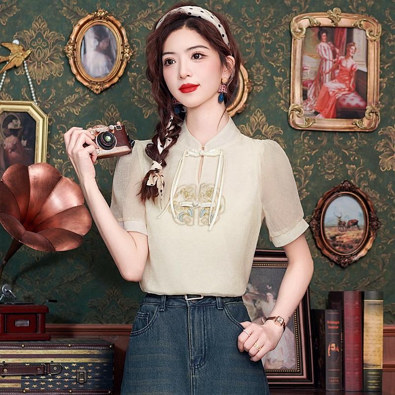 Модная новинка, летняя шифоновая блузка в китайском стиле с коротким рукавом и воротником-стойкой, с вышивкой, женская рубашка J384