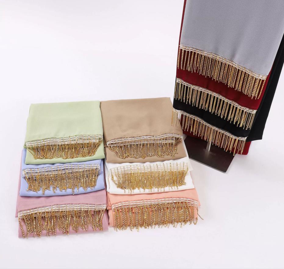 Fashion Muslim Chiffon Hijabs With Chains Diamonds Glitter Shimmer Long Shawls Headscarf Wraps Islamic Headband Turban Scarves