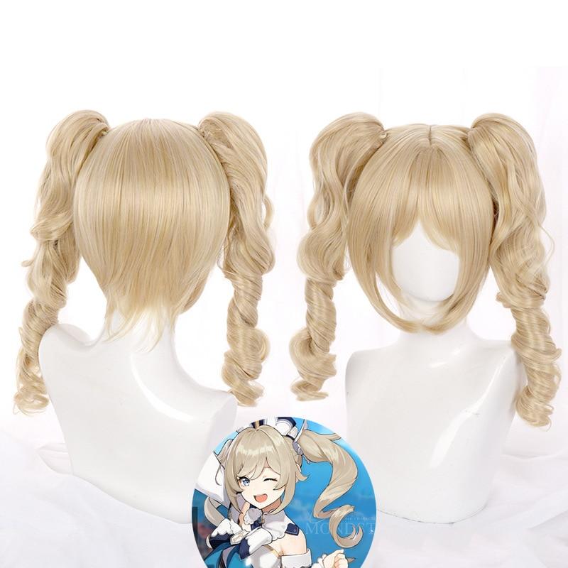 75CM Genshin Impact Barbara Cosplay Wig Pale Blonde Long Curly Twin Ponytails Heat Resistant Hair Adult Halloween Role Wigs