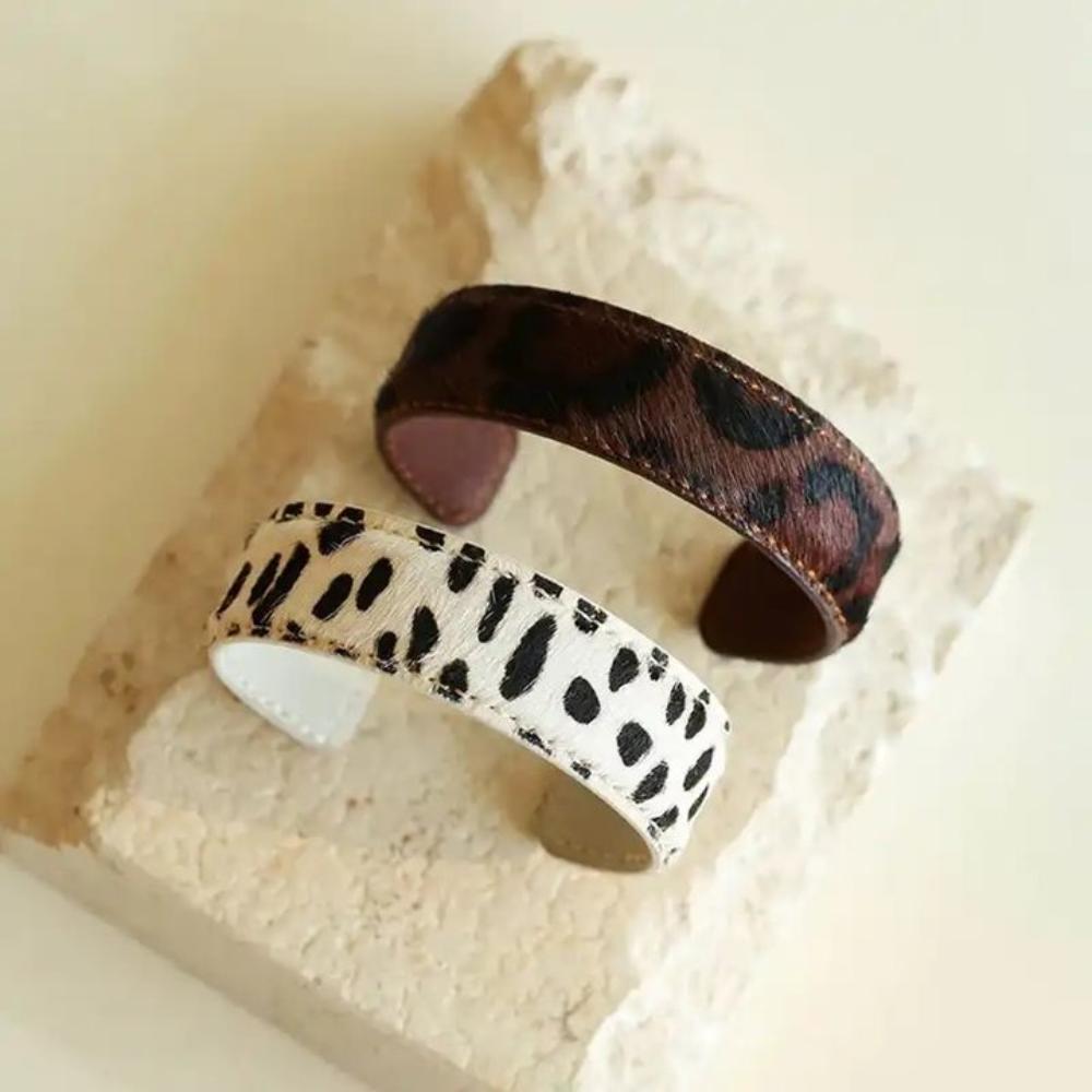 Пушистый браслет из натуральной кожи и конского волоса, прошитый, открытый браслет в форме буквы С, браслет-манжета с леопардовым принтом, подарок