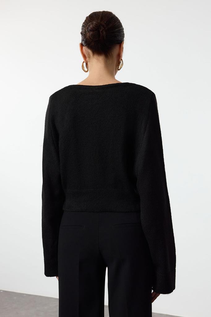 Женский модный стильный кардиган, черный укороченный трикотажный кардиган с v-образным вырезом