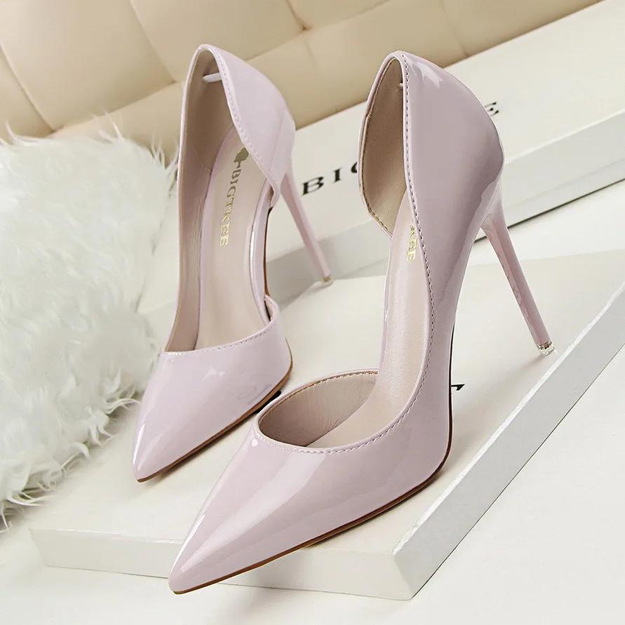 Fashion Sexy Pointed Toe Patent Leather Design Women Pumps Shallow Hollow Women Elegant Thin High Heels Stripper Shoes Career Work Shoes